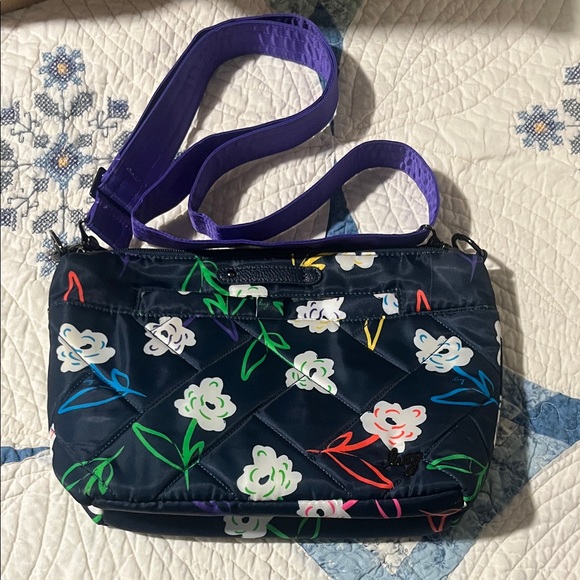 lug Handbags - Lug Navy Floral Crossbody Bag with Purple Strap